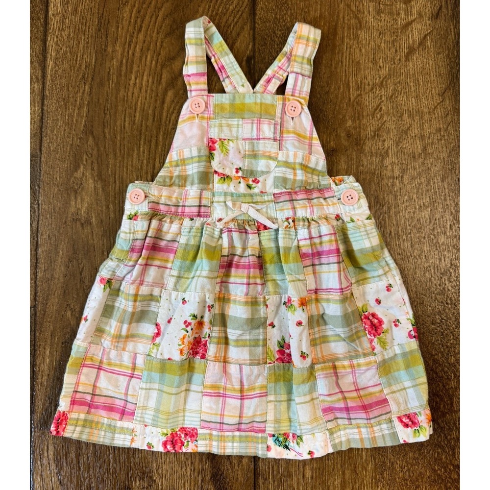 Vintage Baby Girl Gap Overall Jumper Dress 0-3 Months Patchwork Plaid Floral Y2K